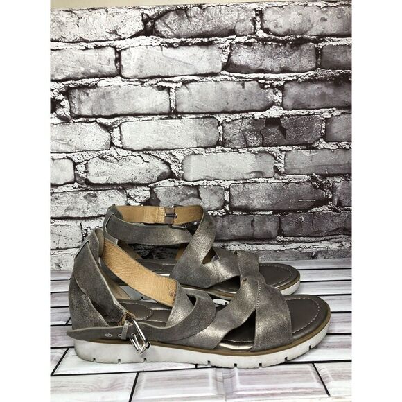 Sofft Maribel Pewter Leather Buckle Strappy Wedge Sandals Women’s Sz 10M US/42EU - Picture 1 of 16